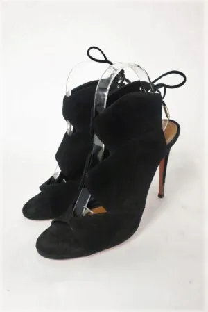 Aquazzura Booties Pasadena Black Cutout Suede Size 39 Open Toe Tie-Back Heel