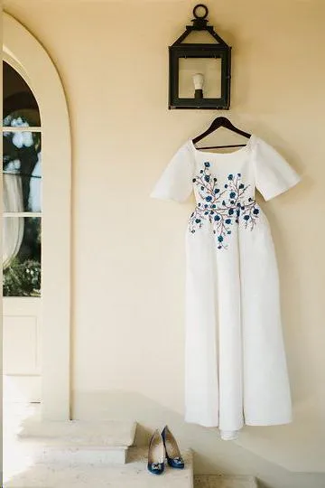 Beautiful A Line Bateau Sweep Train Romantic Half Sleeves Satin Wedding Dress Bridal Gown Embroidery OHD141