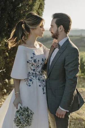 Beautiful A Line Bateau Sweep Train Romantic Half Sleeves Satin Wedding Dress Bridal Gown Embroidery OHD141