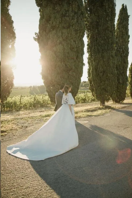 Beautiful A Line Bateau Sweep Train Romantic Half Sleeves Satin Wedding Dress Bridal Gown Embroidery OHD141