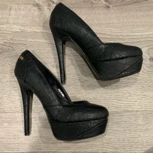 BEBE Black Snakeskin Ultra High Stiletto Heels Size 7 Leopard Print Insole