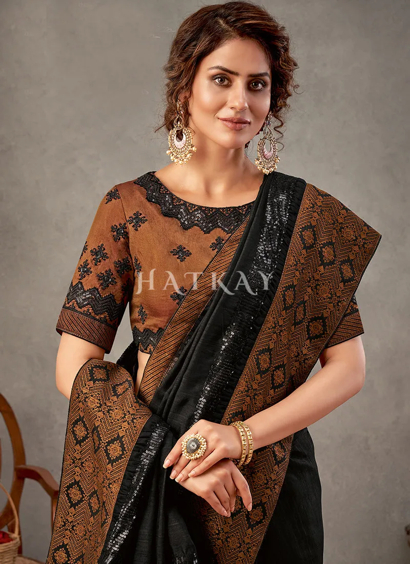 Black And Brown Sequence Embroidery Silk Saree