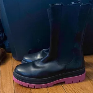 Black Heeled Boots with Pink Soles