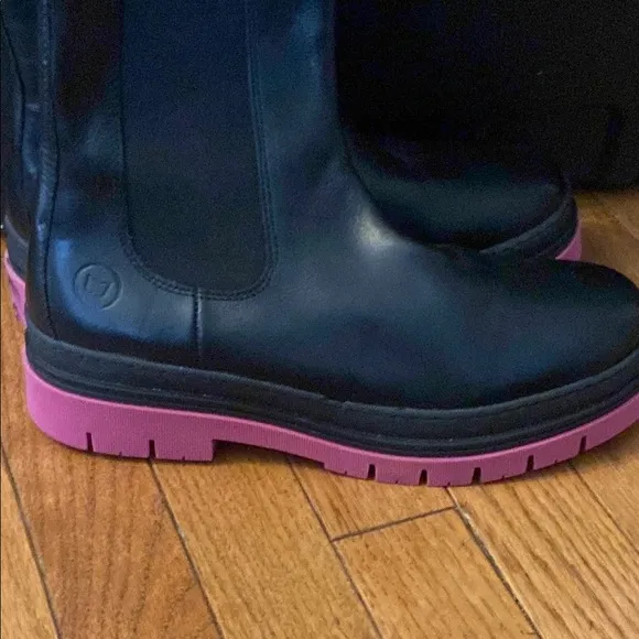 Black Heeled Boots with Pink Soles