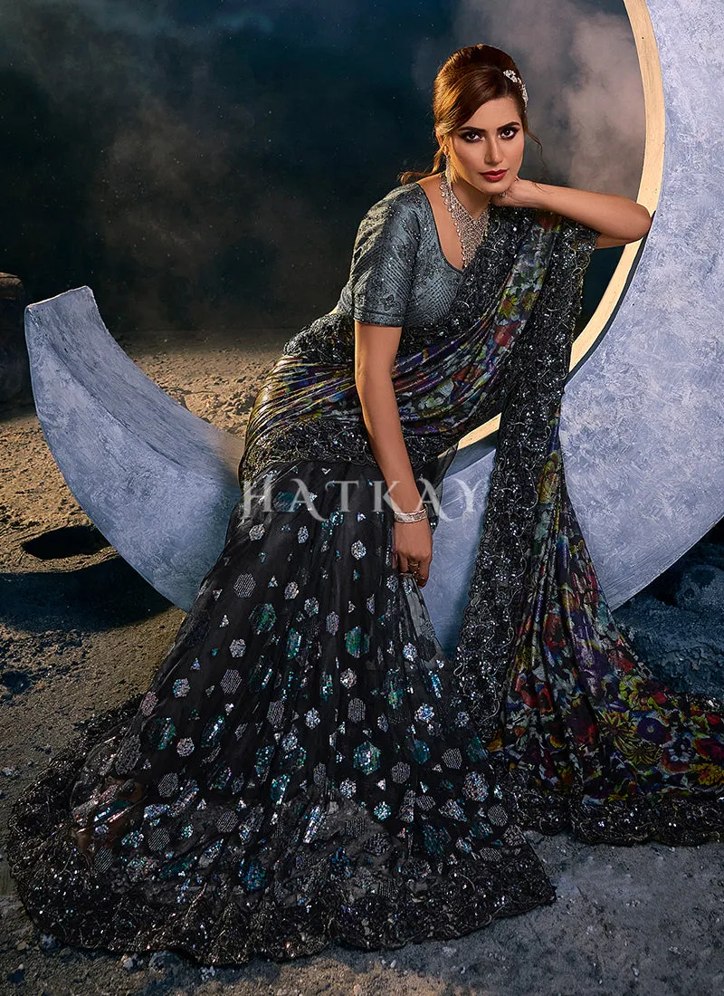 Black Multi Sequence Embroidered Festive Saree