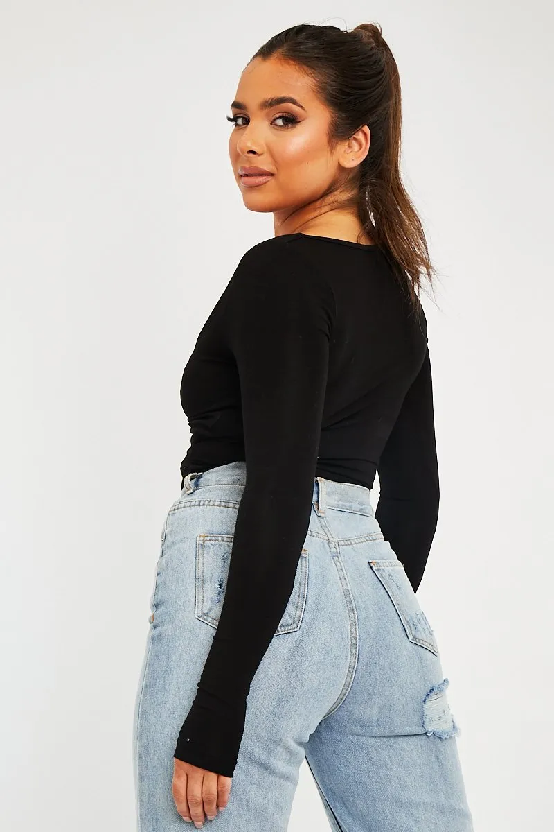 Black Tie Wrap Front Ring Detail Crop Top - Taylor
