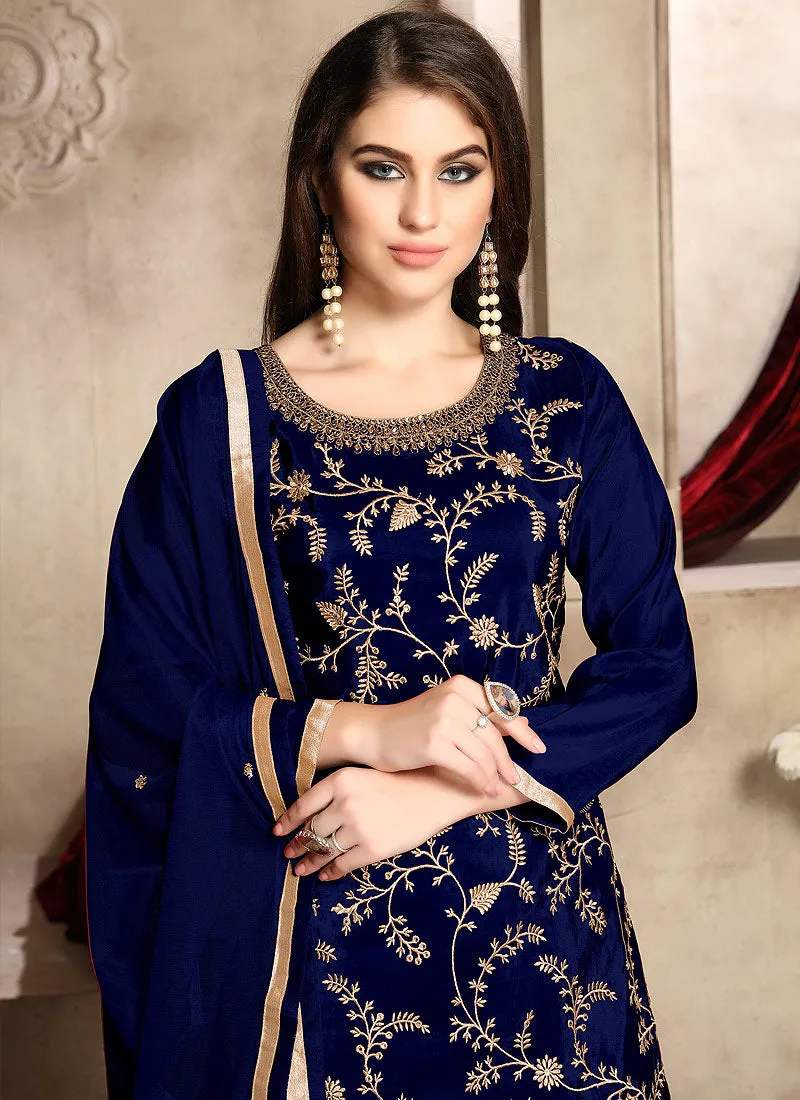 Blue And Golden Zari Embroidered Palazzo Suit