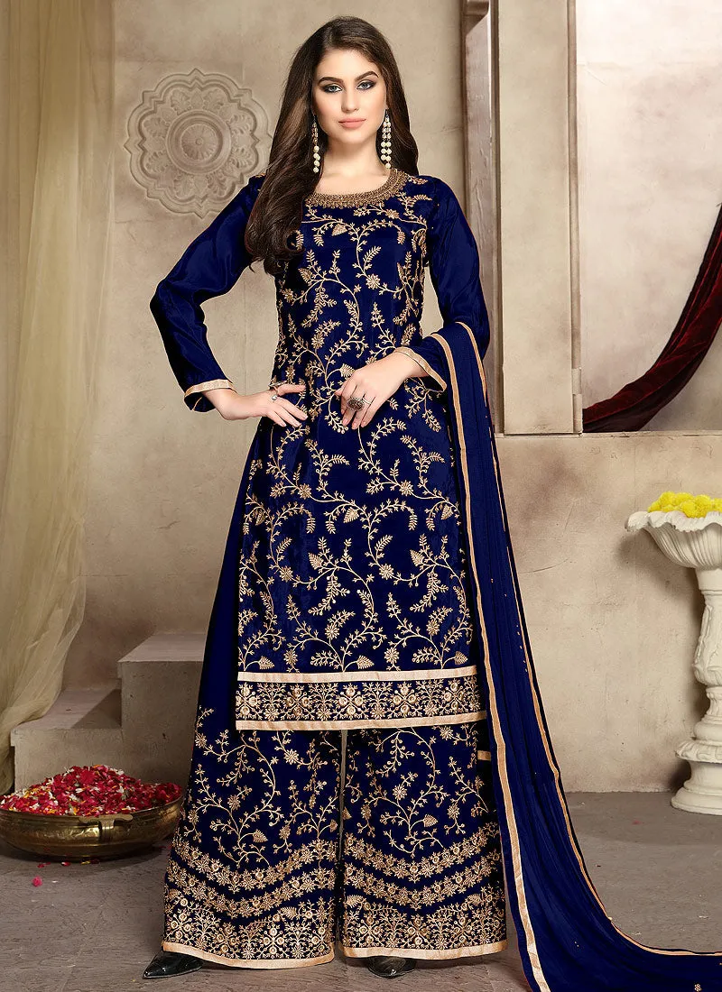 Blue And Golden Zari Embroidered Palazzo Suit
