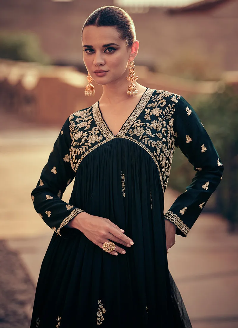 Bottle Green Embroidery Anarkali Gown