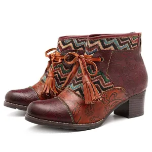 Bowknot Tassel Women Boots Genuine Leather Splicing Retro Ankle Boots For Women Shoes Woman Block Heels Booties Botas New