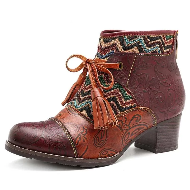 Bowknot Tassel Women Boots Genuine Leather Splicing Retro Ankle Boots For Women Shoes Woman Block Heels Booties Botas New