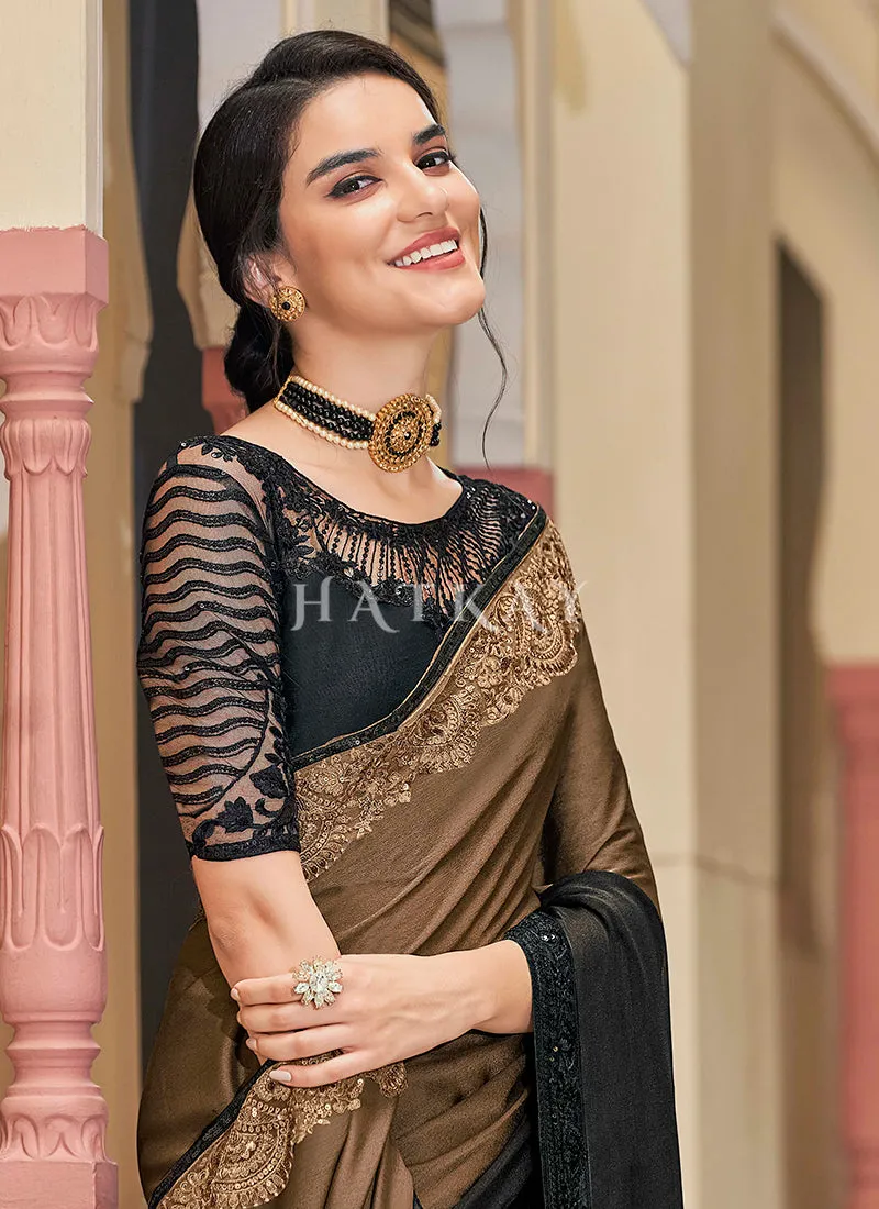 Brown Sequence Embroidery Designer Silk Saree