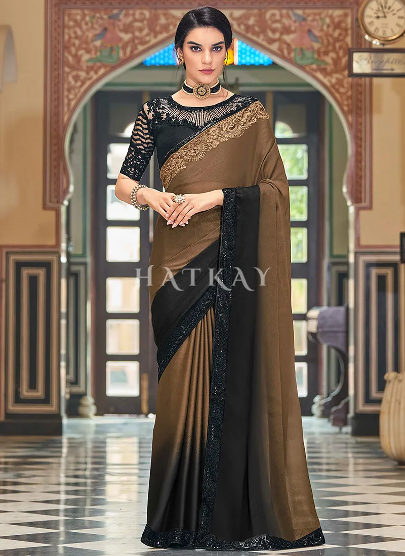 Brown Sequence Embroidery Designer Silk Saree