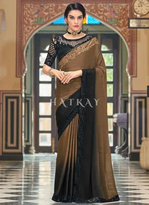 Brown Sequence Embroidery Designer Silk Saree