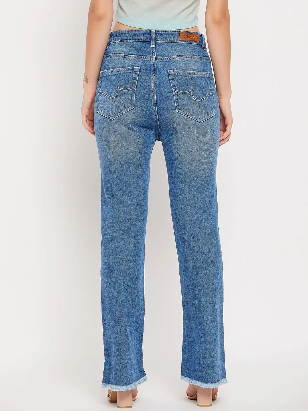Camla Barcelona Blue High Rise Boot Cut Raw Hem Jeans
