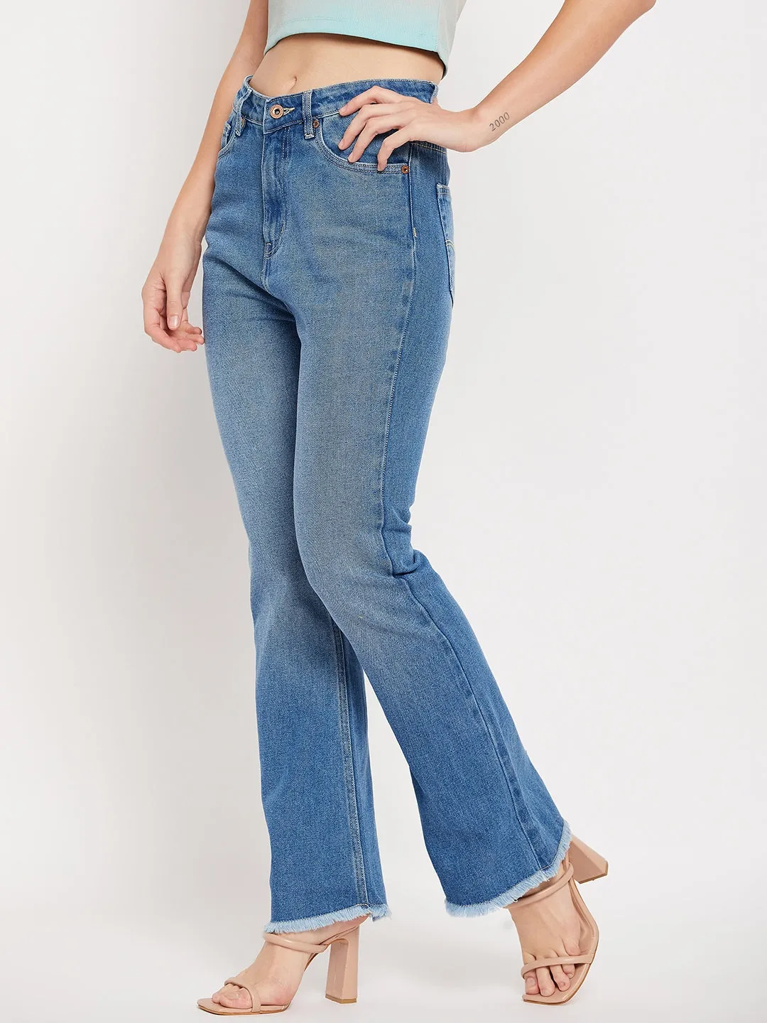 Camla Barcelona Blue High Rise Boot Cut Raw Hem Jeans