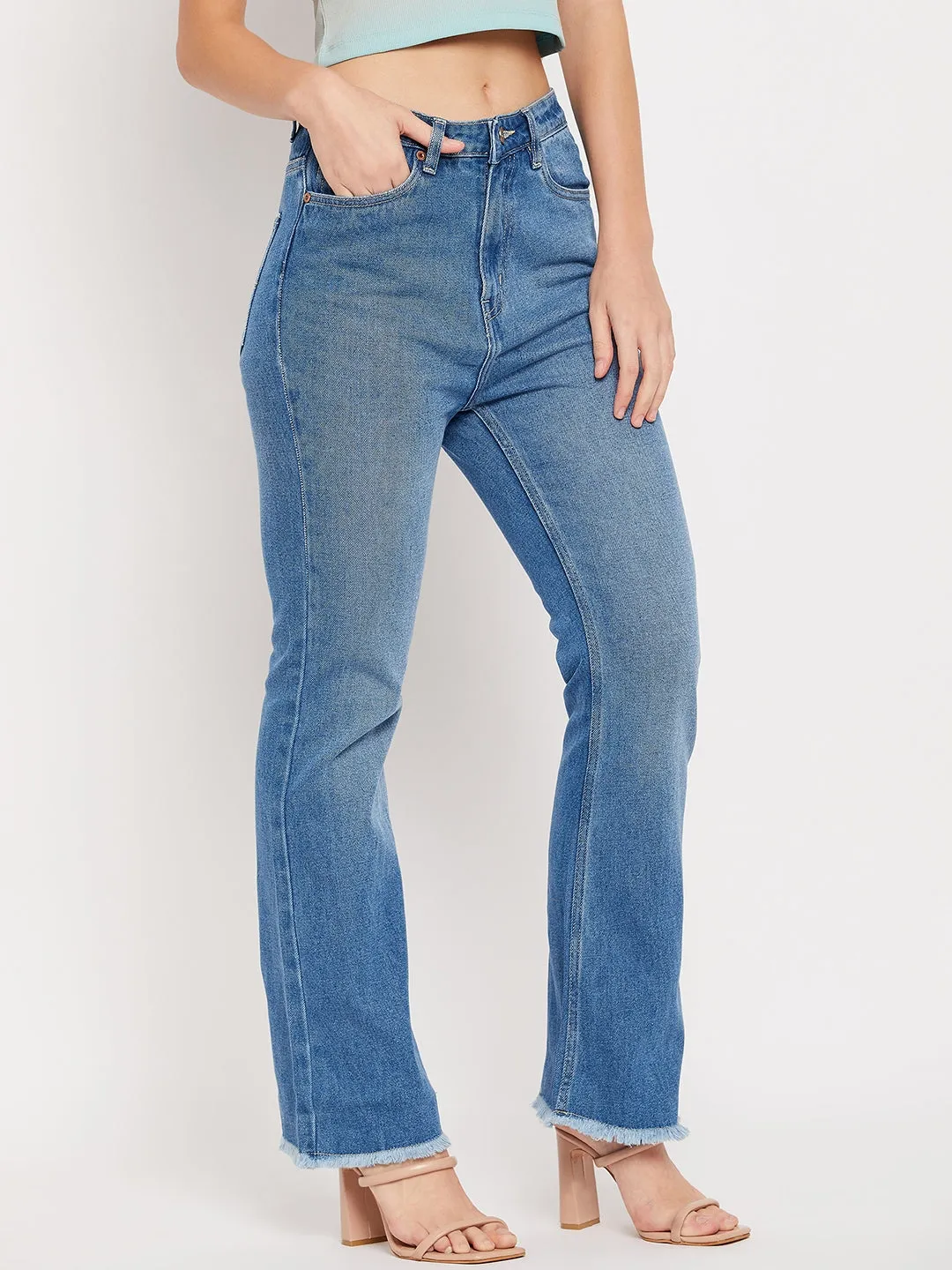 Camla Barcelona Blue High Rise Boot Cut Raw Hem Jeans