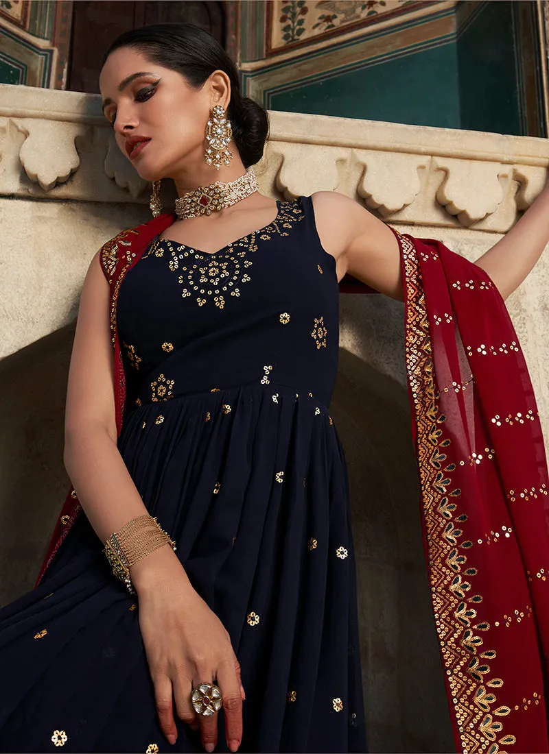 Dark Blue Sequence Embroidery Wedding Anarkali Suit