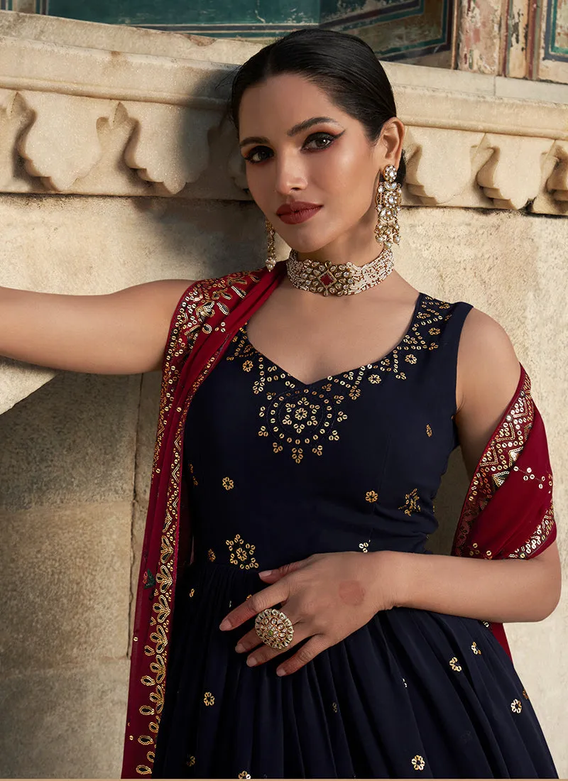 Dark Blue Sequence Embroidery Wedding Anarkali Suit
