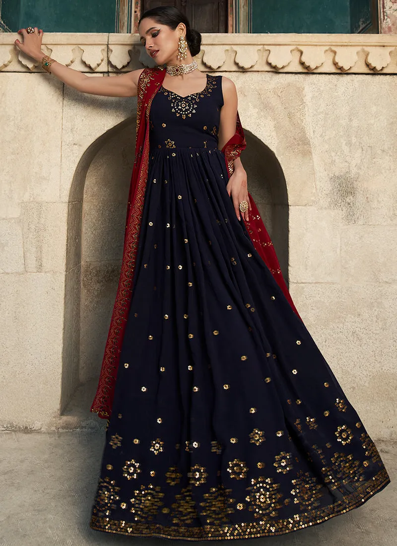 Dark Blue Sequence Embroidery Wedding Anarkali Suit