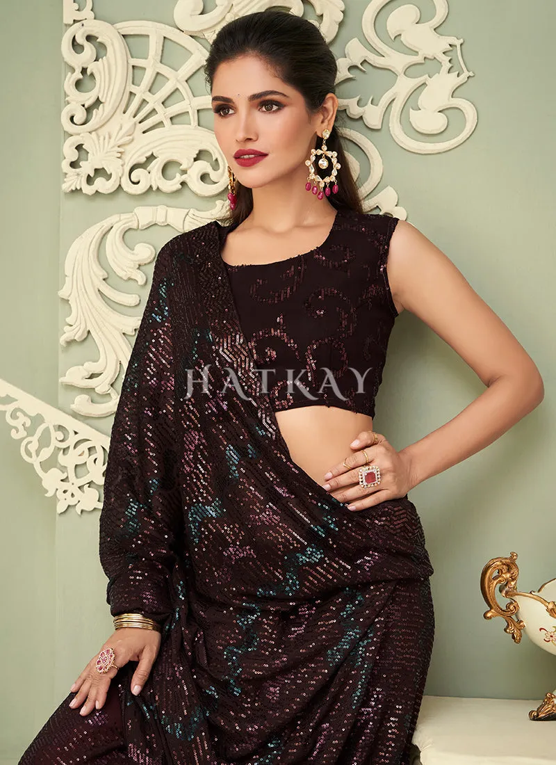 Deep Brown Sequins Embroidery Georgette Saree