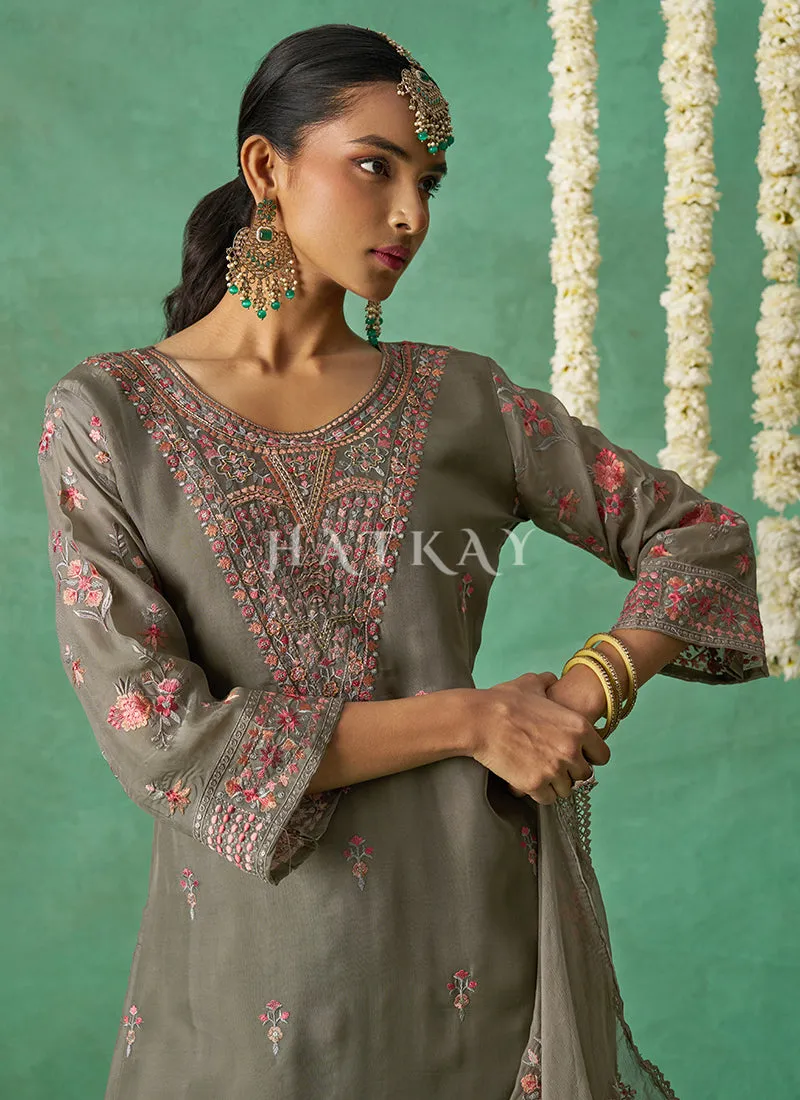 Deep Grey Multi Embroidery Pakistani Pant Style Suit
