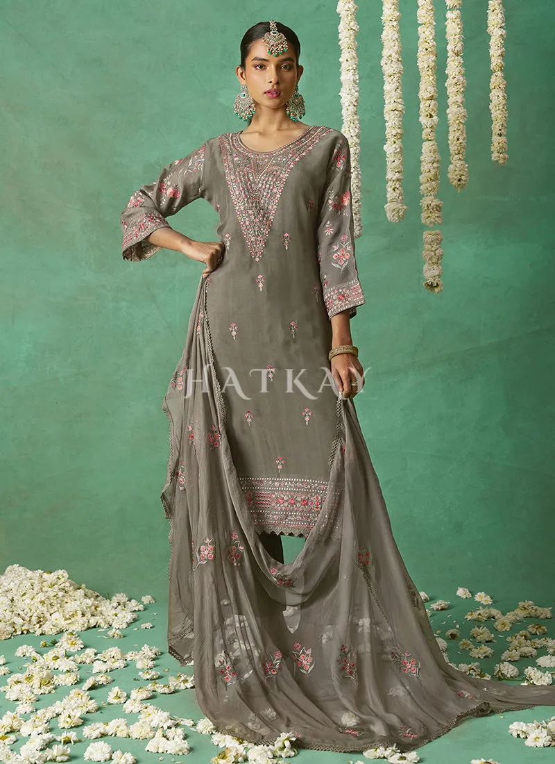 Deep Grey Multi Embroidery Pakistani Pant Style Suit