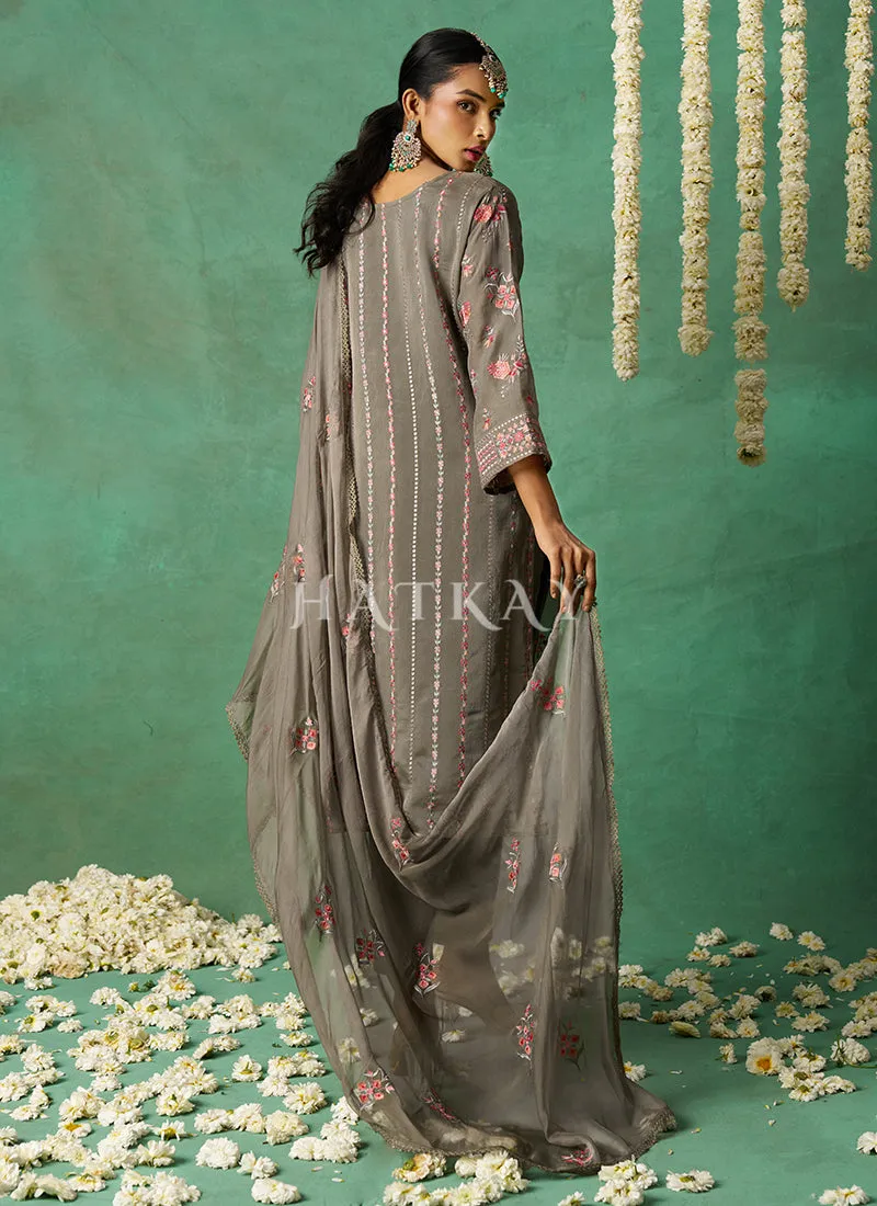 Deep Grey Multi Embroidery Pakistani Pant Style Suit