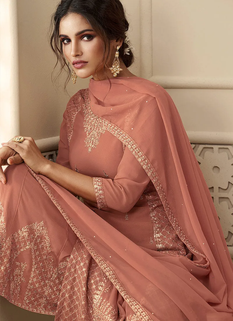 Dusky Peach Rehsamkari Embroidered Designer Palazzo Suit