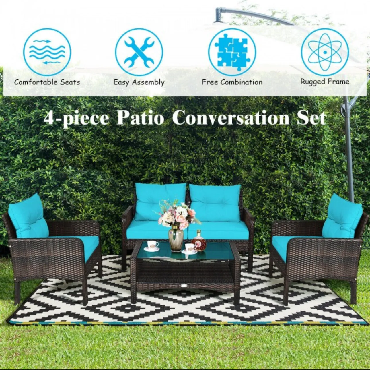 Elegant 4-Piece Patio Conversation Set Outdoor Rattan Wicker Furniture With Comfy Cushions | Easy Assembly | Heavy Duty