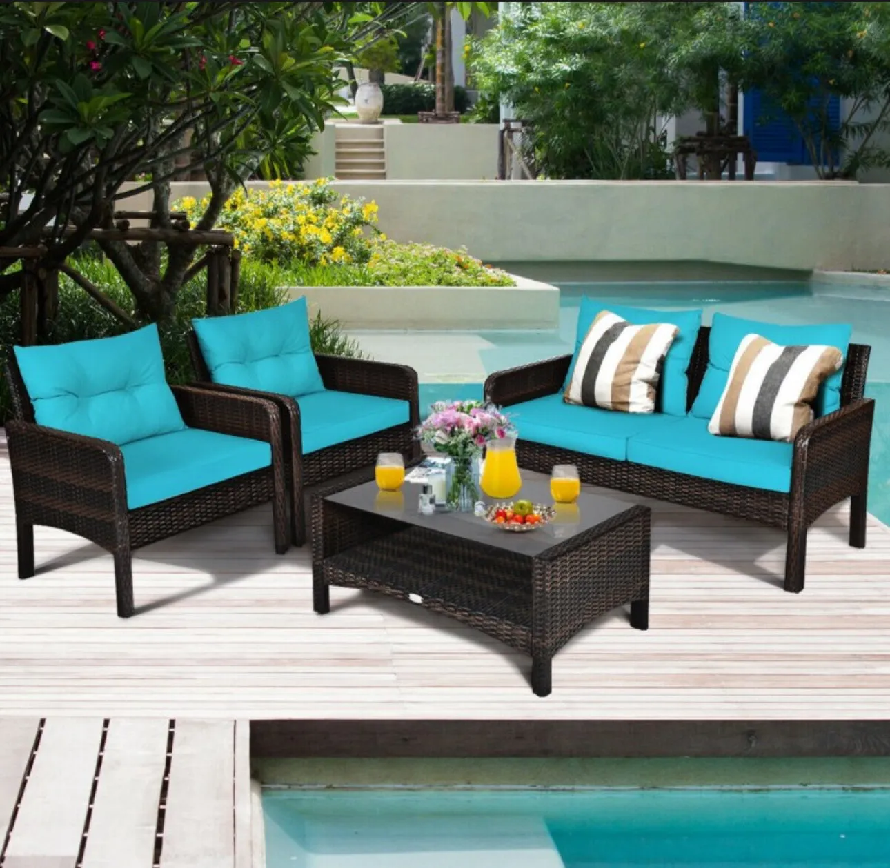 Elegant 4-Piece Patio Conversation Set Outdoor Rattan Wicker Furniture With Comfy Cushions | Easy Assembly | Heavy Duty
