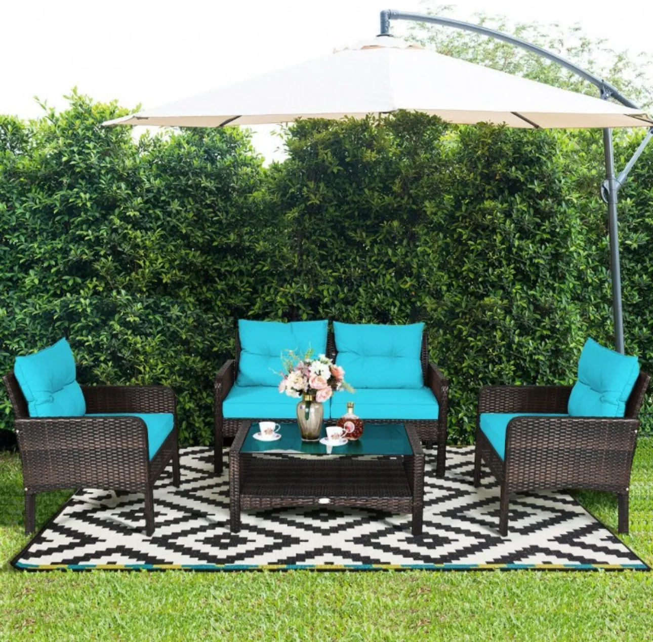 Elegant 4-Piece Patio Conversation Set Outdoor Rattan Wicker Furniture With Comfy Cushions | Easy Assembly | Heavy Duty