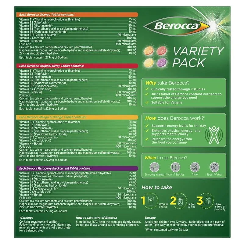 [Expiry: 06/2025] Berocca Energy Variety Pack 60 Effervescent Tablets
