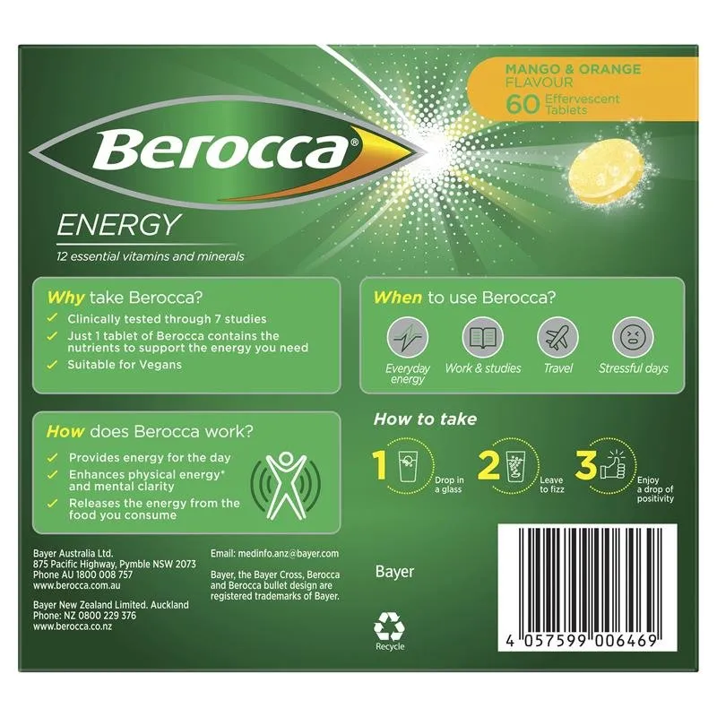 [Expiry: 11/2025] Berocca Energy Mango & Orange 60 Effervescent Tablets