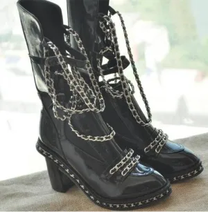 Fall Winter Ankle High Black White Motorcycle Boots Shoes Women Chained Overknee Boot Chunky Heels Big size