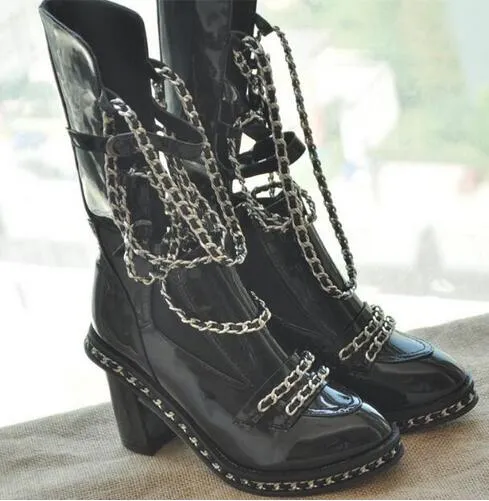 Fall Winter Ankle High Black White Motorcycle Boots Shoes Women Chained Overknee Boot Chunky Heels Big size
