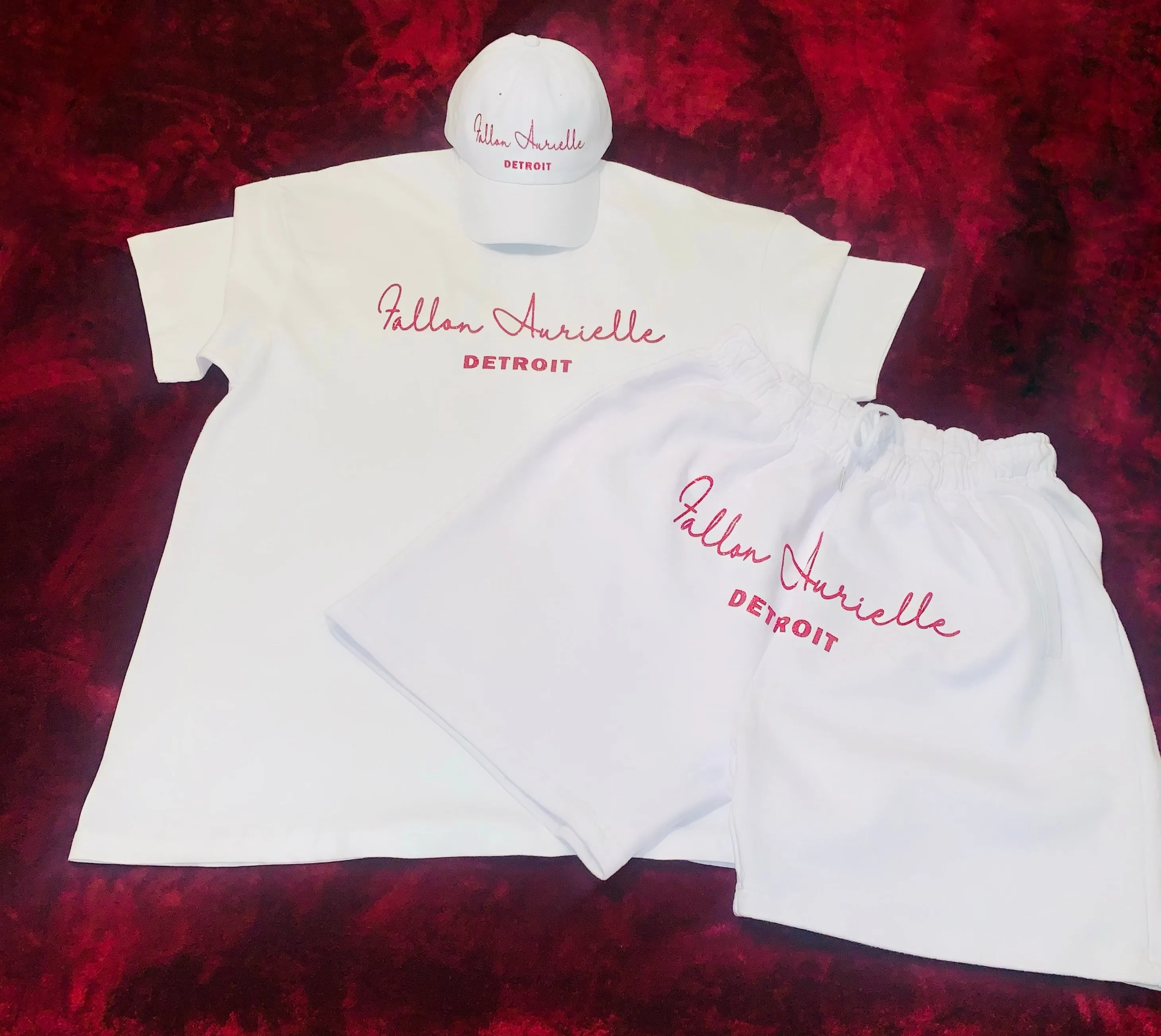 Fallon Aurielle Unisex Signature Detroit Rep Yo Set Above The Knee Shorts (White & Red Sparkle)