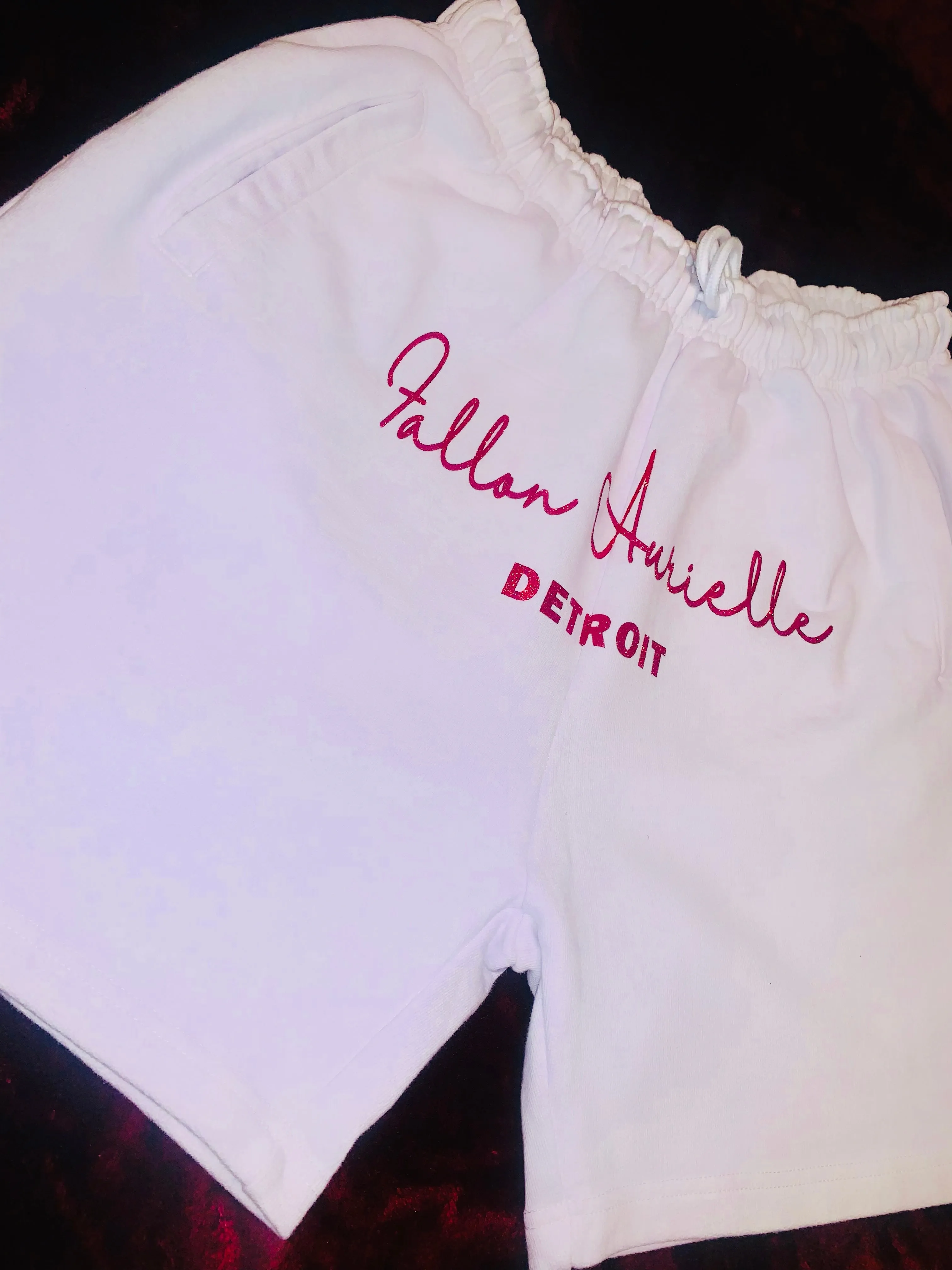 Fallon Aurielle Unisex Signature Detroit Rep Yo Set Above The Knee Shorts (White & Red Sparkle)