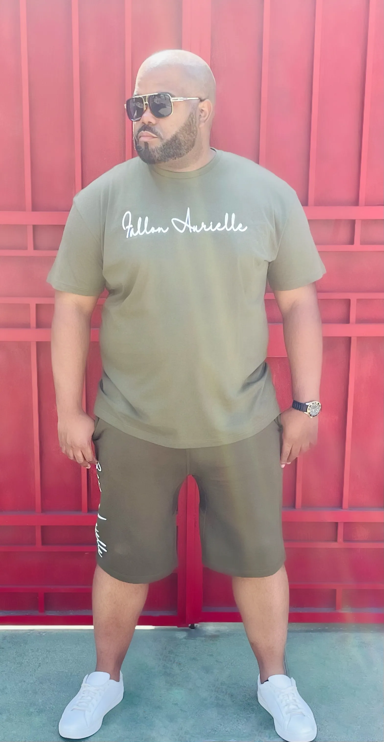 Fallon Aurielle Unisex Signature Short Set (Olive Green & White)