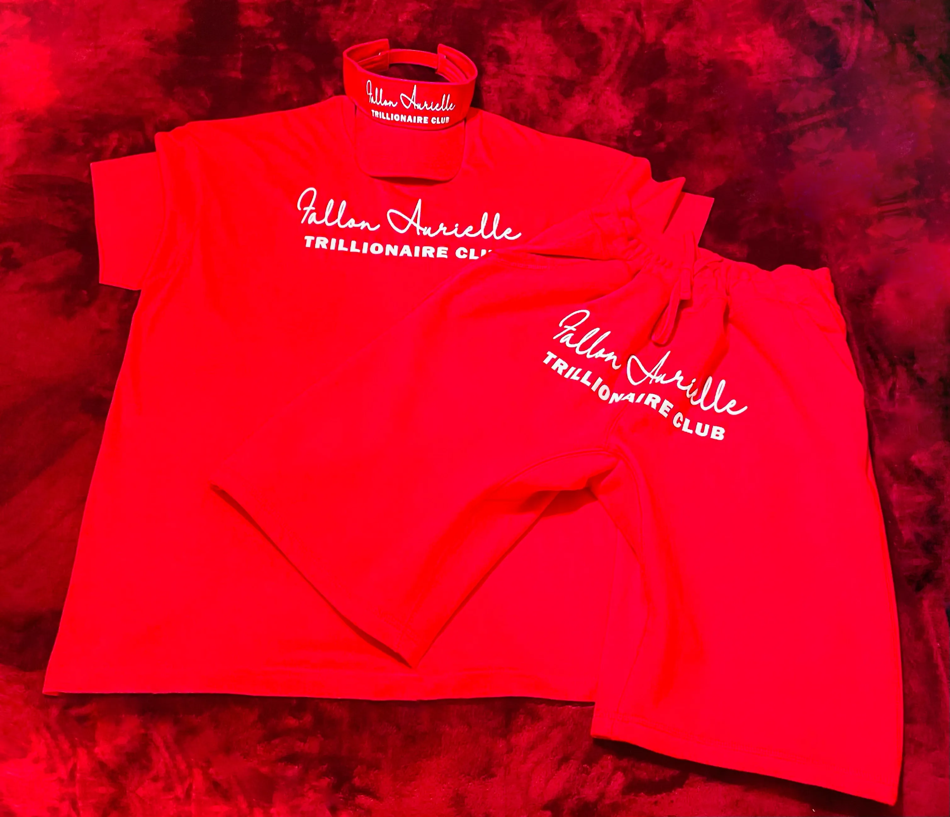 Fallon Aurielle Unisex Signature V-Neck 3 Piece Trillionaire Club Short Set (Red & White)
