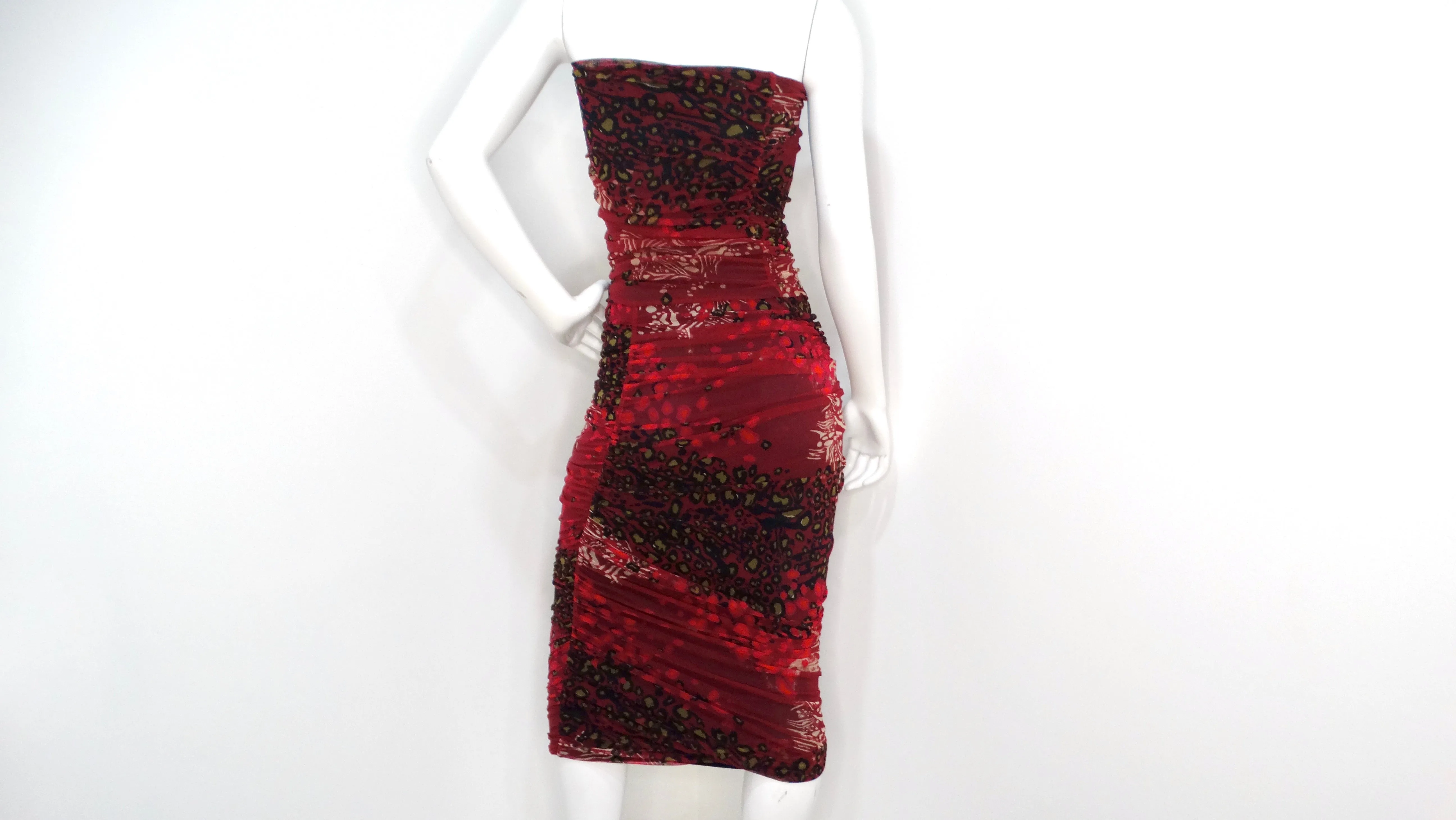 Fuzzi 1990s Burgundy Animal Print Mesh Strapless Midi Dress