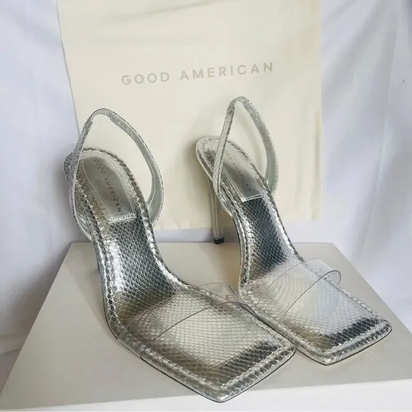 GOOD AMERICAN Heels Silver Snake Lucite Heels Size 12 square toe