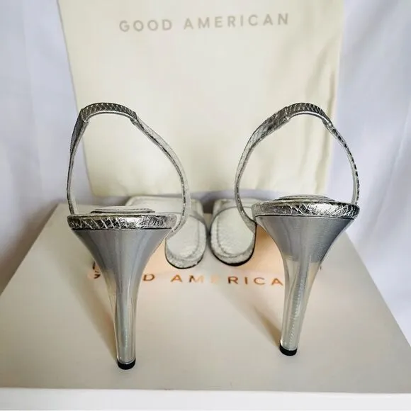 GOOD AMERICAN Heels Silver Snake Lucite Heels Size 12 square toe