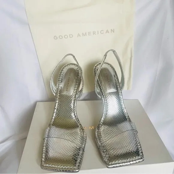 GOOD AMERICAN Heels Silver Snake Lucite Heels Size 12 square toe