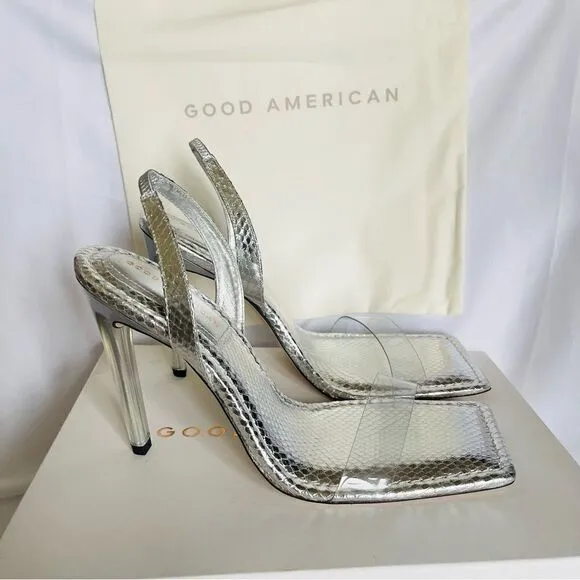 GOOD AMERICAN Heels Silver Snake Lucite Heels Size 12 square toe