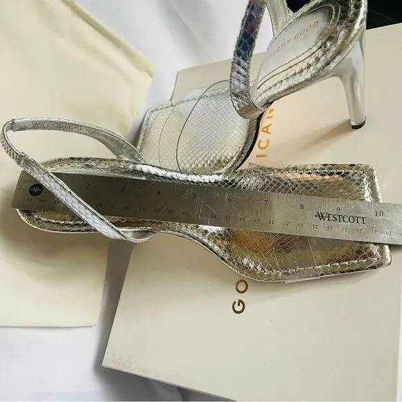 GOOD AMERICAN Heels Silver Snake Lucite Heels Size 12 square toe