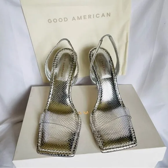 GOOD AMERICAN Heels Silver Snake Lucite Heels Size 12 square toe
