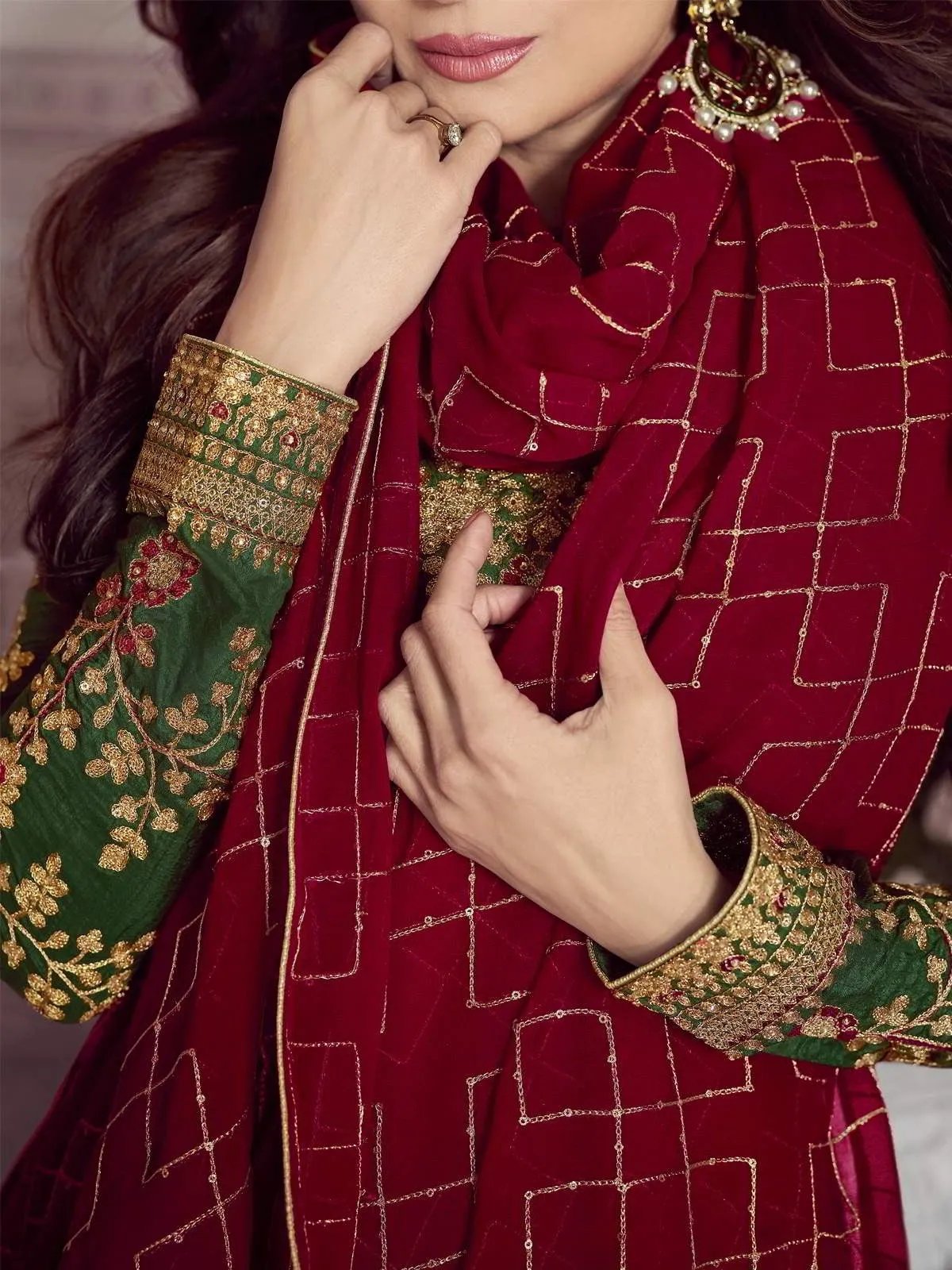 Green And Red Traditional Embroidered Anarkali Suit