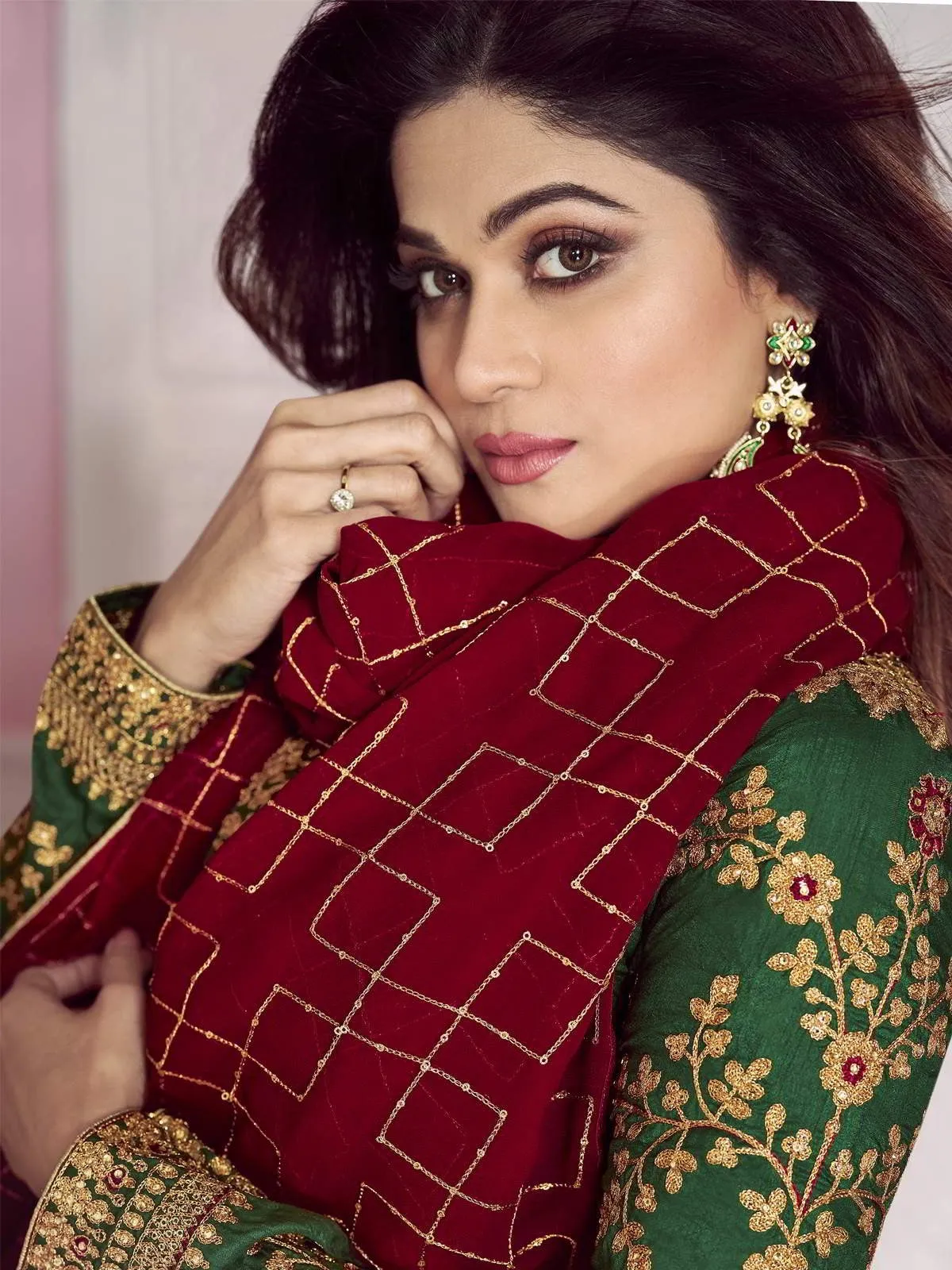 Green And Red Traditional Embroidered Anarkali Suit