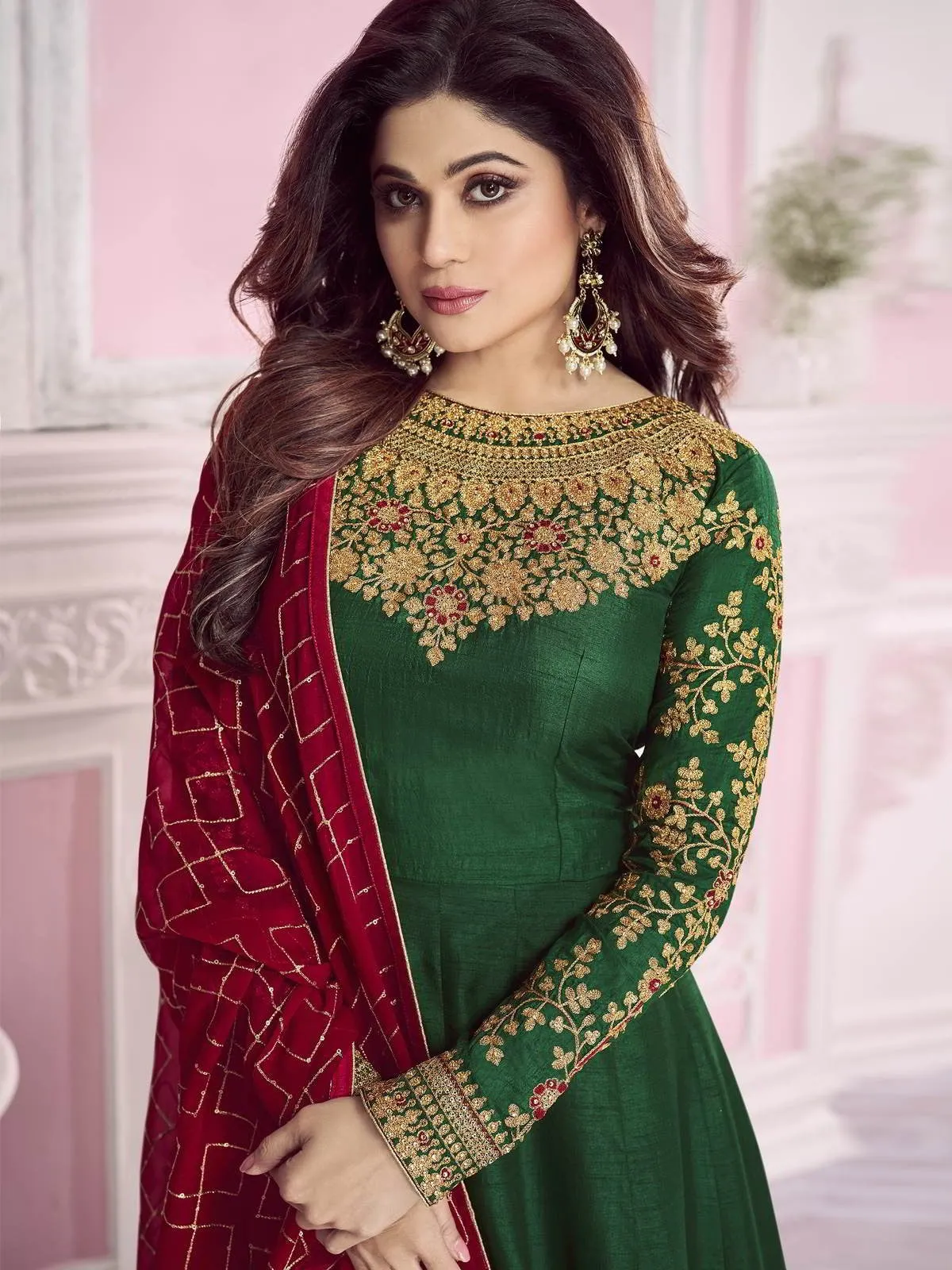 Green And Red Traditional Embroidered Anarkali Suit